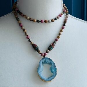 Blue Druzy Aura Quartz Geode Slice Crystal Mixed Natural Gemstones 32" Necklace